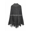 Feminino tricotado elástico com borlas de gola alta Poncho